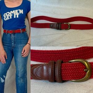 Vintage 90s Red Braided Cotton Brown Leather Belt by Liz Claiborne size M